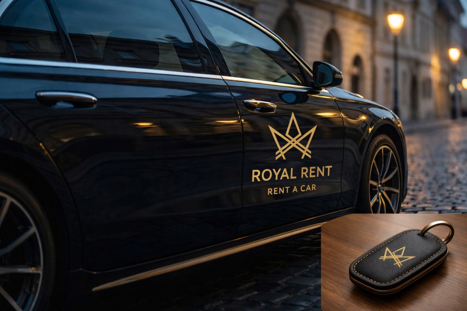 Royal Rent branded sedan and key fob in dusk Brașov setting