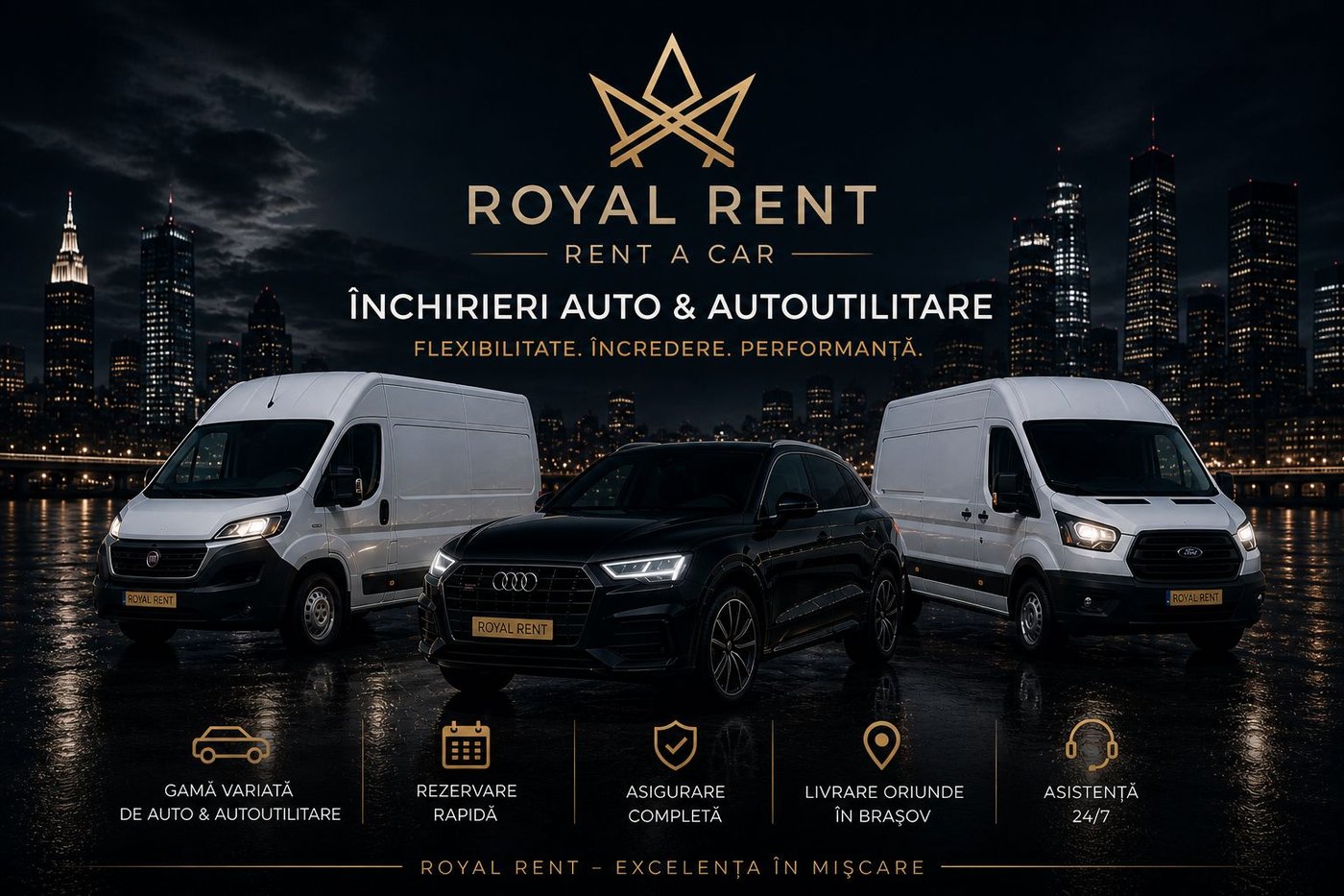 Royal Rent fleet at dusk — sedan, SUV, and van with gold crown livery